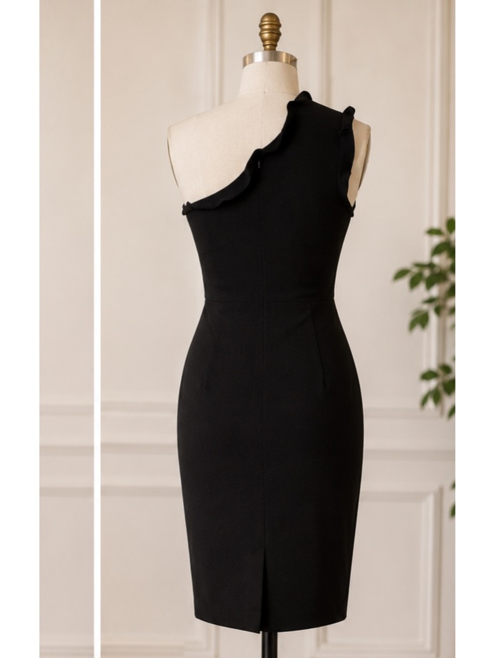Black Halo Provella black one shoulder sheath dress ruffle trim Size 2 - Picture 4 of 10